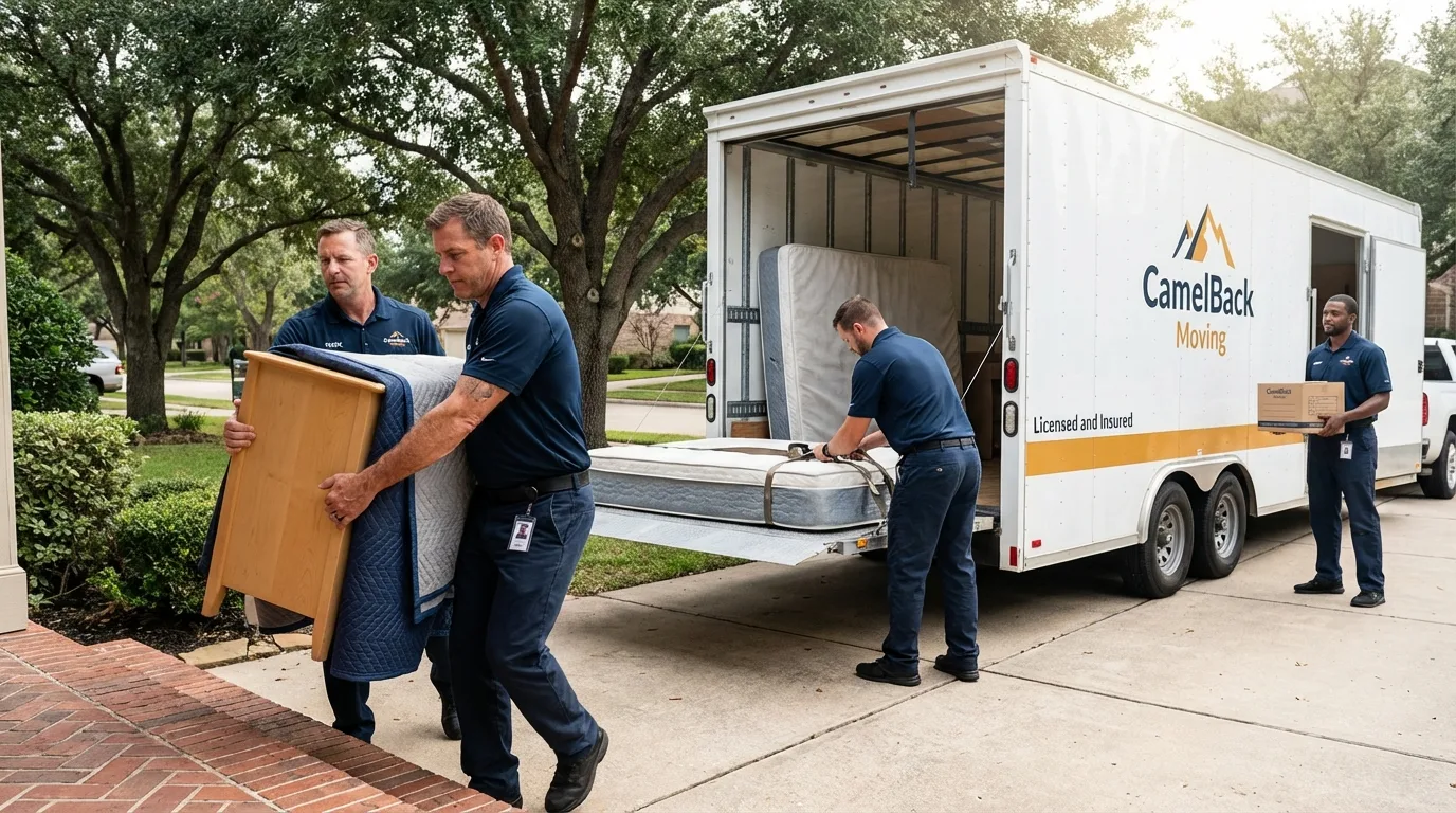 Crew loading residential truck for cross-state move from Wendell, ID