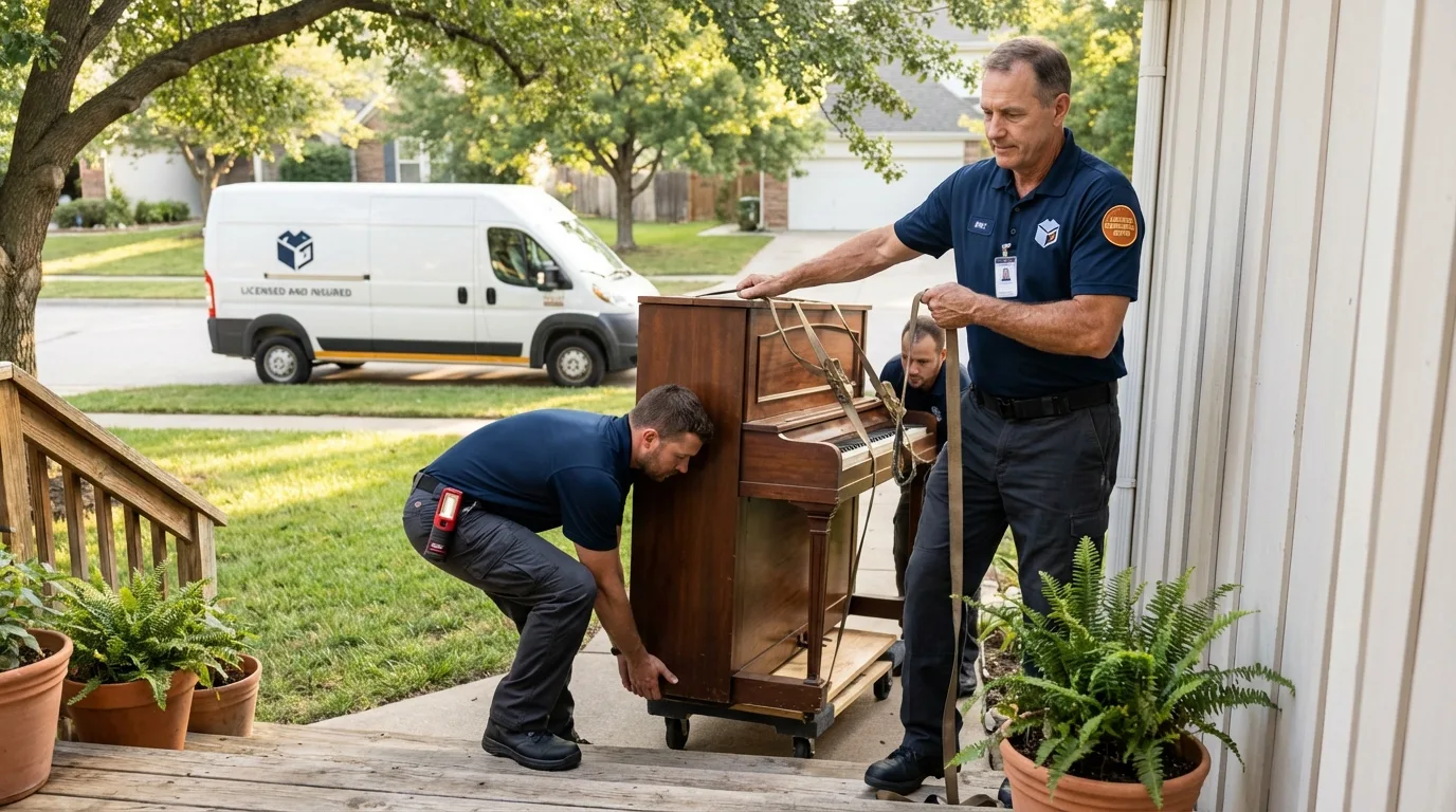 Licensed piano movers securing grand piano in Wendell, ID