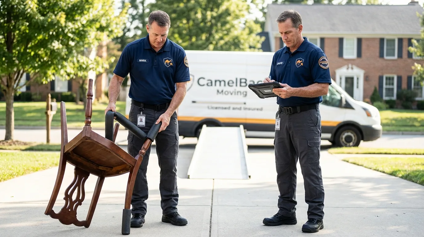 Movers inspecting furniture for damage prevention before loading in Wendell, ID